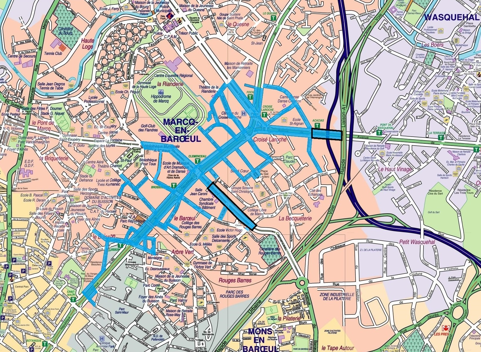 Plan de la ville avec les zones bleues mise en évidence
