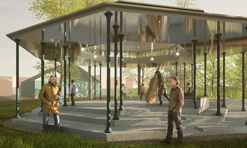 Illustration du futur kiosque avec des personnes se promenant à l'intérieur