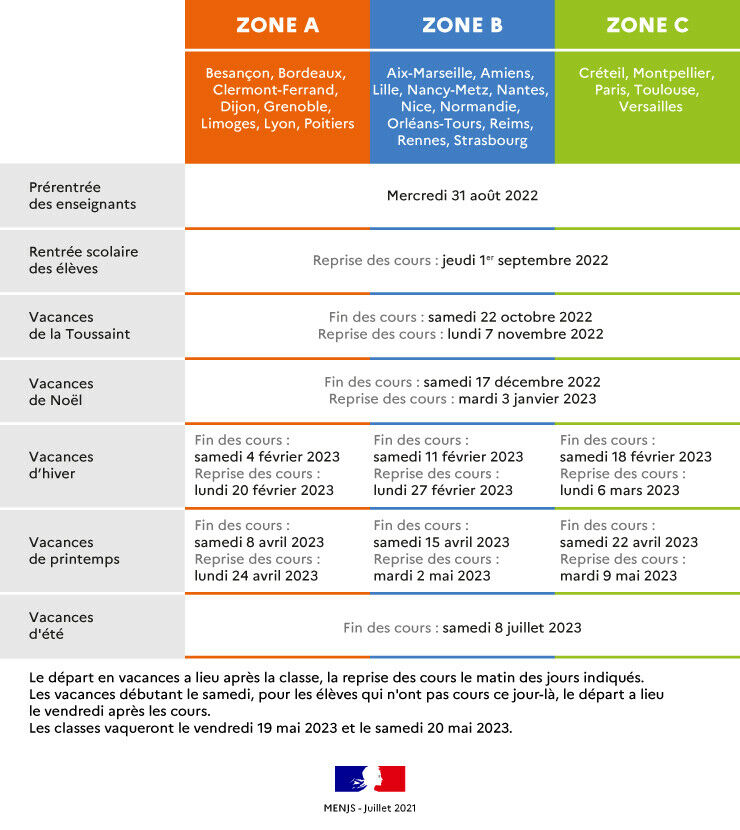 calendrier scolaire 2022 2023
